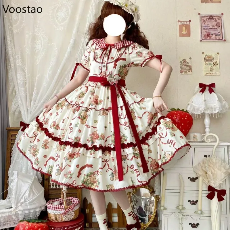 Sukienka w stylu wiktoriańskim, słodka, elegancka Lolita, damska, kawaii, urocza, z nadrukiem misia z kreskówki, falbankami, kokardą, sukienka księżniczki, vintage, na wieczorne przyjęcie.