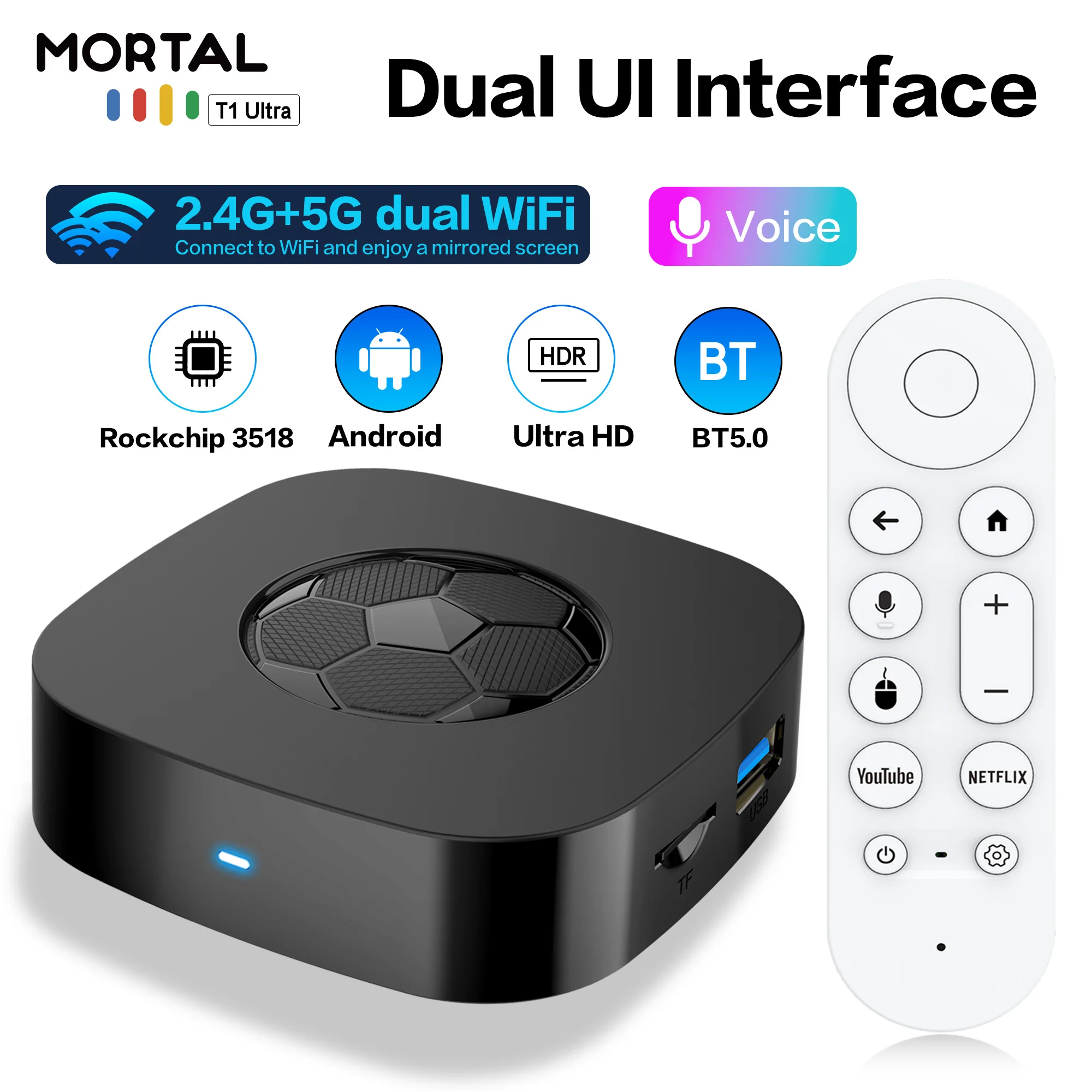 

MORTAL T1 Ultra Smart TV Box Android 14 RK3518 Dual System 2GB RAM 16GB ROM Dual Band 2.4G+5G WiFi 4K Media Player Set Top Box