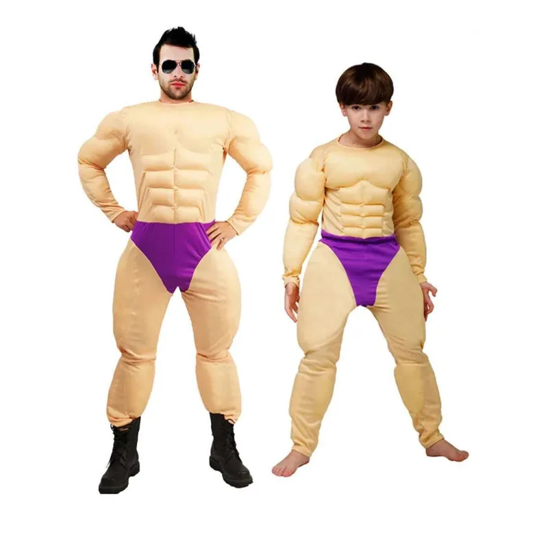 

Muscle Costume for Adult Men Kids Role Play Funny Strong Men Muscle Jumpsuit Cosplay Halloween Themed Party Carnival Fancy Dress