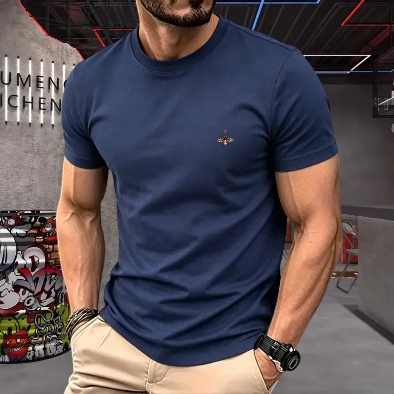100% reine Baumwolle, hochwertige Marken-T-Shirts für Paare, Rundhals, Kurzarm, Herren-Sommermode, Bienen-Stickerei, lässiges Sport-Oberteil – Detail 7