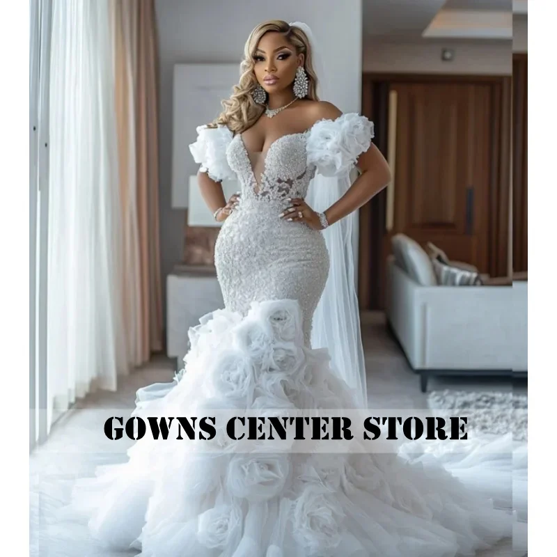 African Luxury Mermaid Wedding Dress Exquisite Handmade Flower Lace Bride Dress Pleat Layered Plus Size Dress Customized