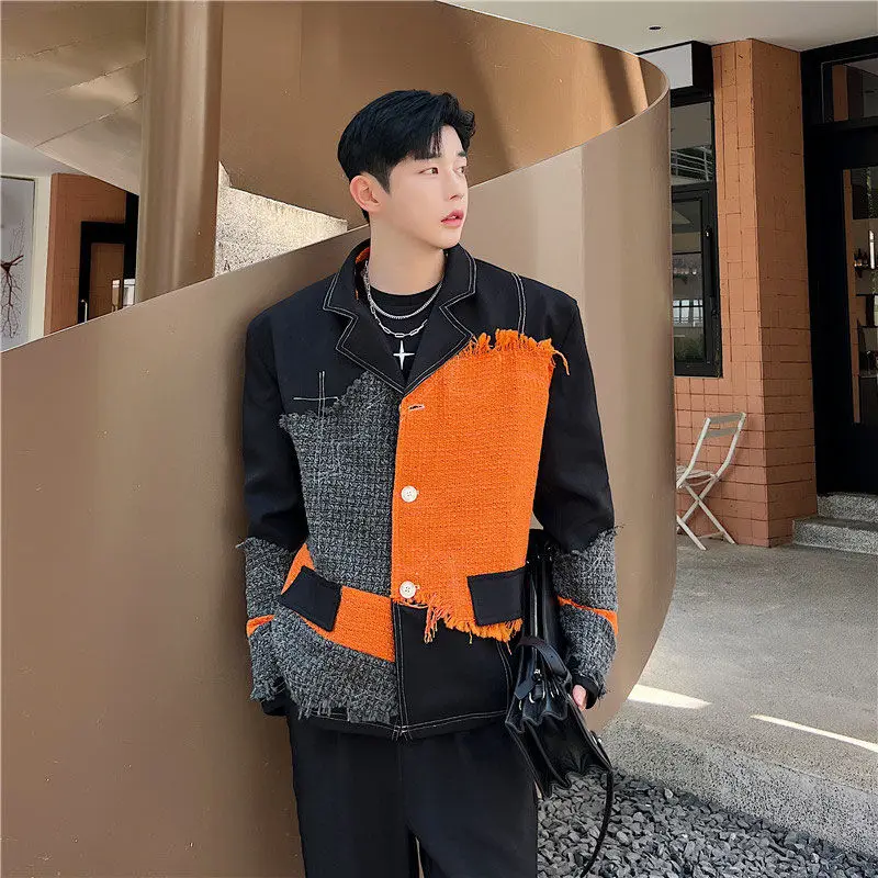 3-D3  Designer ins catwalk wool stitching contrast color suit jacket men's wool mateesign sense fried street handsome suit