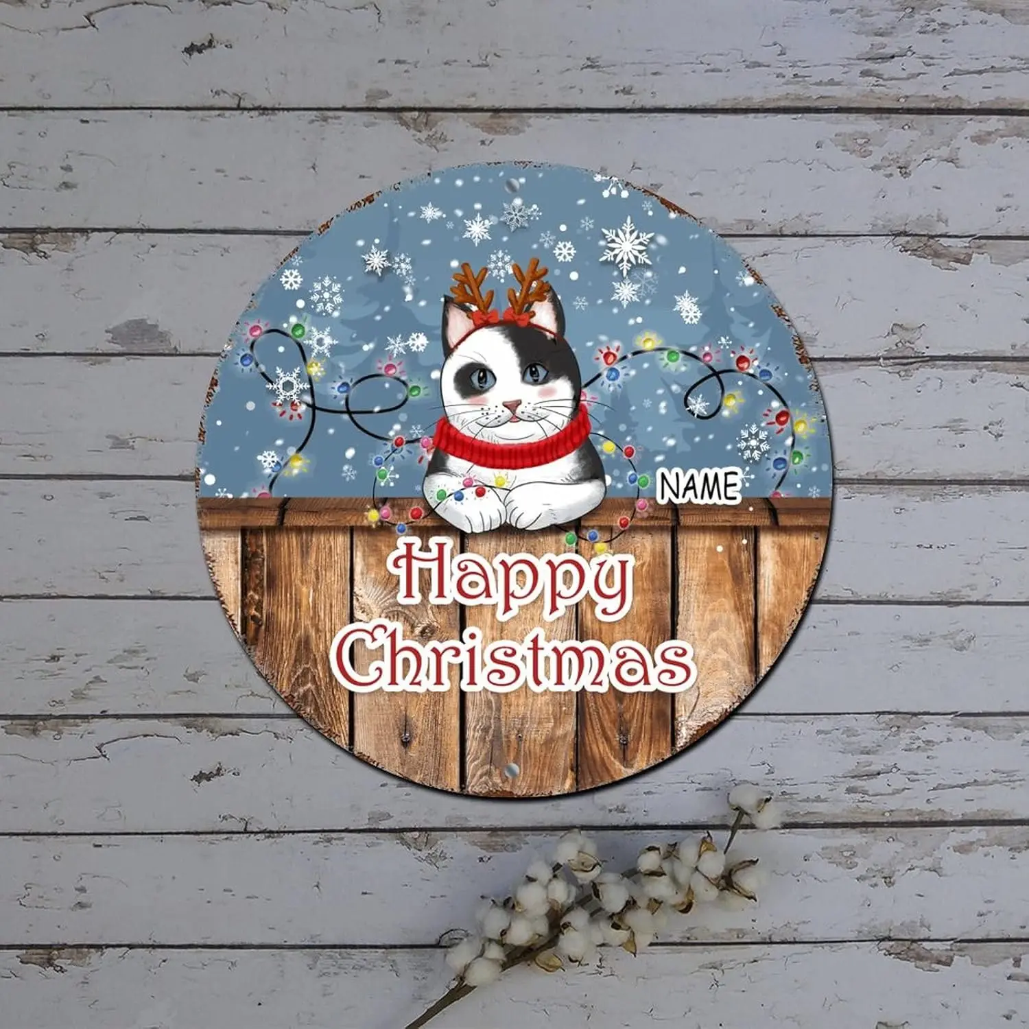 Merry Christmas Door Sign Custom Cat Name Winter Snow Scene Round Metal Tin Sign Christmas Hanging Decorations Distressed Stylis