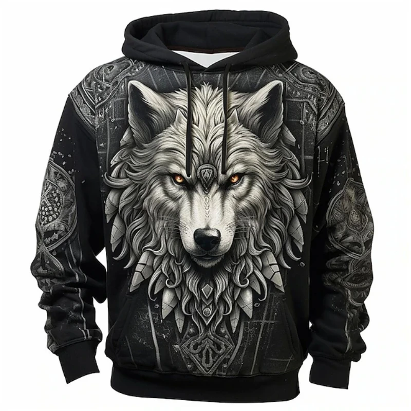 

Vintage Men's Graphic Hoodies Loose Oversized Long Sleeve Sweateshirt 3d Wolf Head Print Tops New Fall Men's Streetwear Pullover