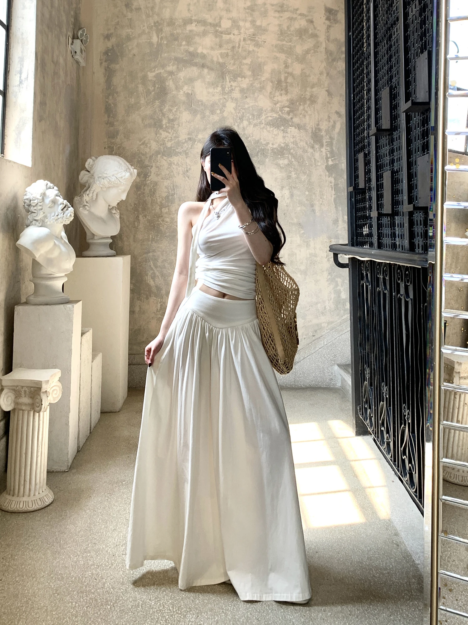 

Slimming Effect Long Vest Top And Skirt Two-Piece Set for Women Elegant Grey Design Casual Summer Fashion Outfit