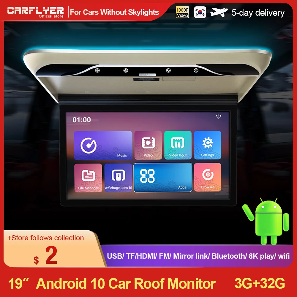 19''Android11 Car Monitor 3+32G Roof FHD 1080P Monitor IPS Roof Mounted Screen Support HDMI Mirror Link 8K Playback Mirror Link