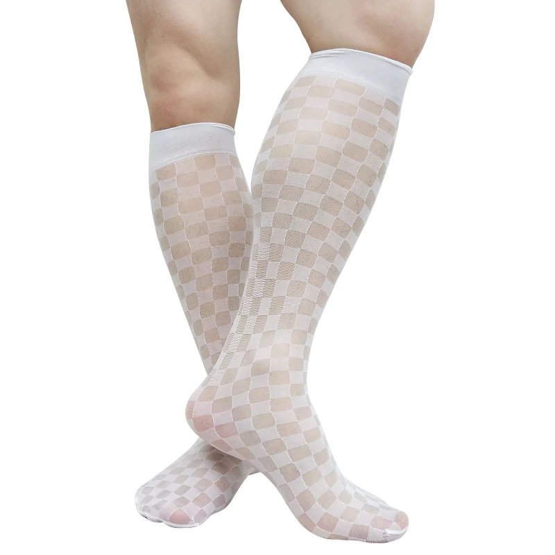 Thin Sheer Mens Plaid Socks See Through Softy Fomral Knee High Dress Suit Long Tube Socks Stocking Hose Sexy Business