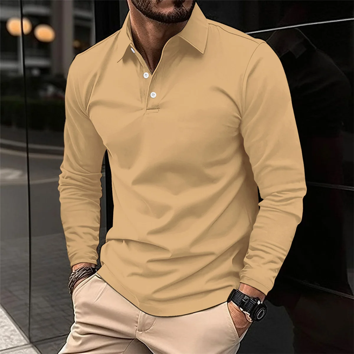 Camisa polo esportiva masculina de manga comprida, pulôver casual, respirável, estilo simples, monocromático, tops da moda, primavera e outono