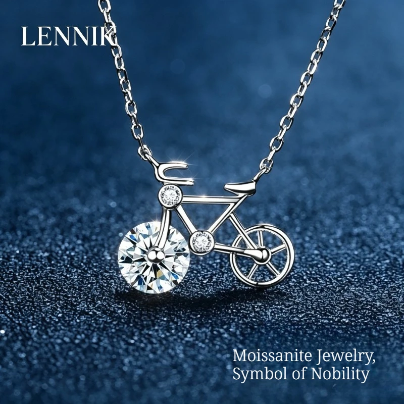 

LENNIK S925 Sterling Silver Bicycle Necklace Women's Fashion Personality Moissanite Bicycle Pendant Collarbone Chain Jewelry