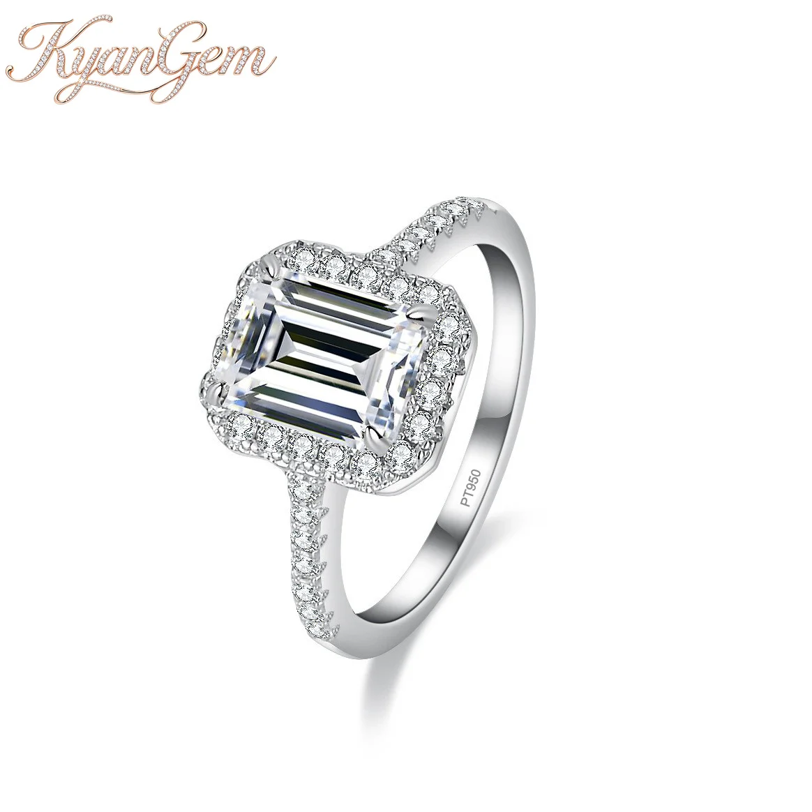 KyanGem Platinum PT950 Moissanite Ring for Women with Fancy Cut Emerald-Cut Rectangular 3-Carat Stone Engagement  Jewelry Gifts