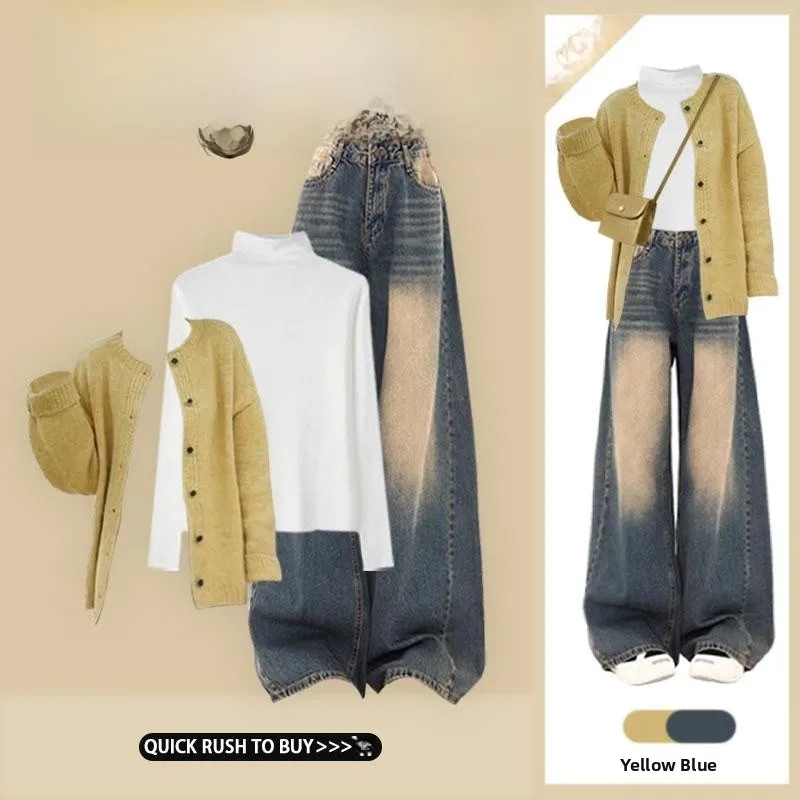 

Осенний вязаный кардиган с высоким воротником для женщин, верхняя одежда, свитер, куртка, топ, винтажный джинсовый комплект из трех предметов