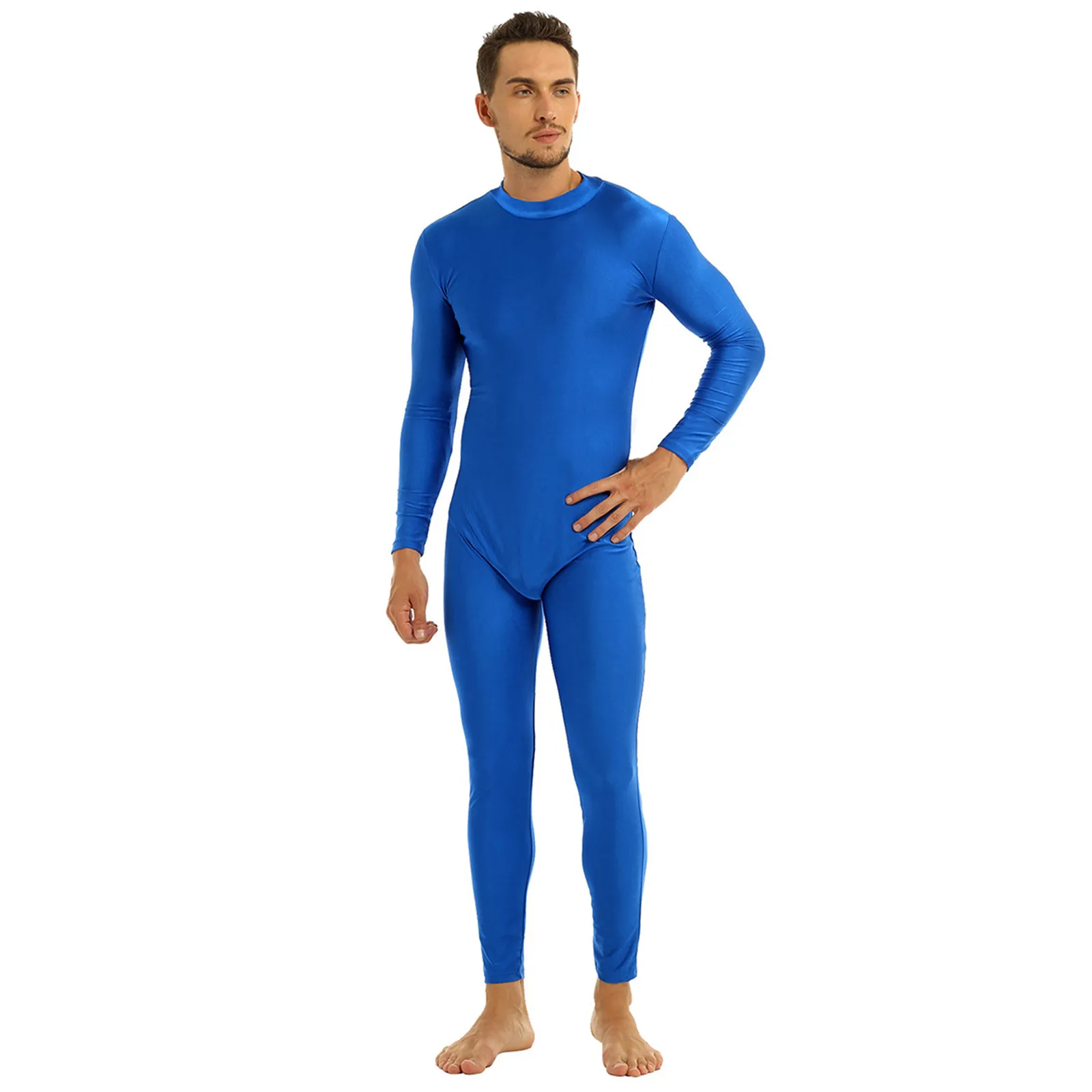 Mens adulti Zentai Well Fit Mock Neck manica lunga Skin-Tight tinta unita Unitard Body Dancewear Body Suit Costume Cosplay