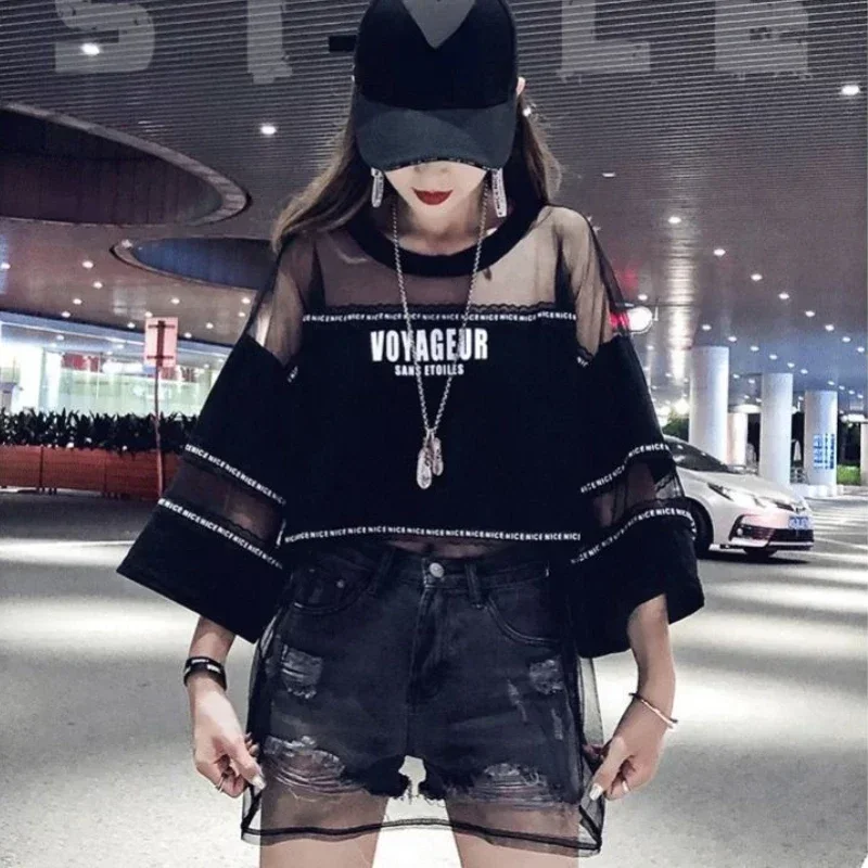 Ins Sexy See Through Lace Mesh Spliced Tops Women Clothing Ladies Summer Fashion Casual Hip Hop T-shirt Girls Beautiful Y2k Top