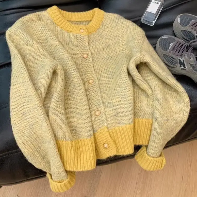 Soft Yellow Knitted Sweaters For Women Autumn O-Neck Single Breasted Casual Cardigan Lazy Style knitting Tops Outerwear