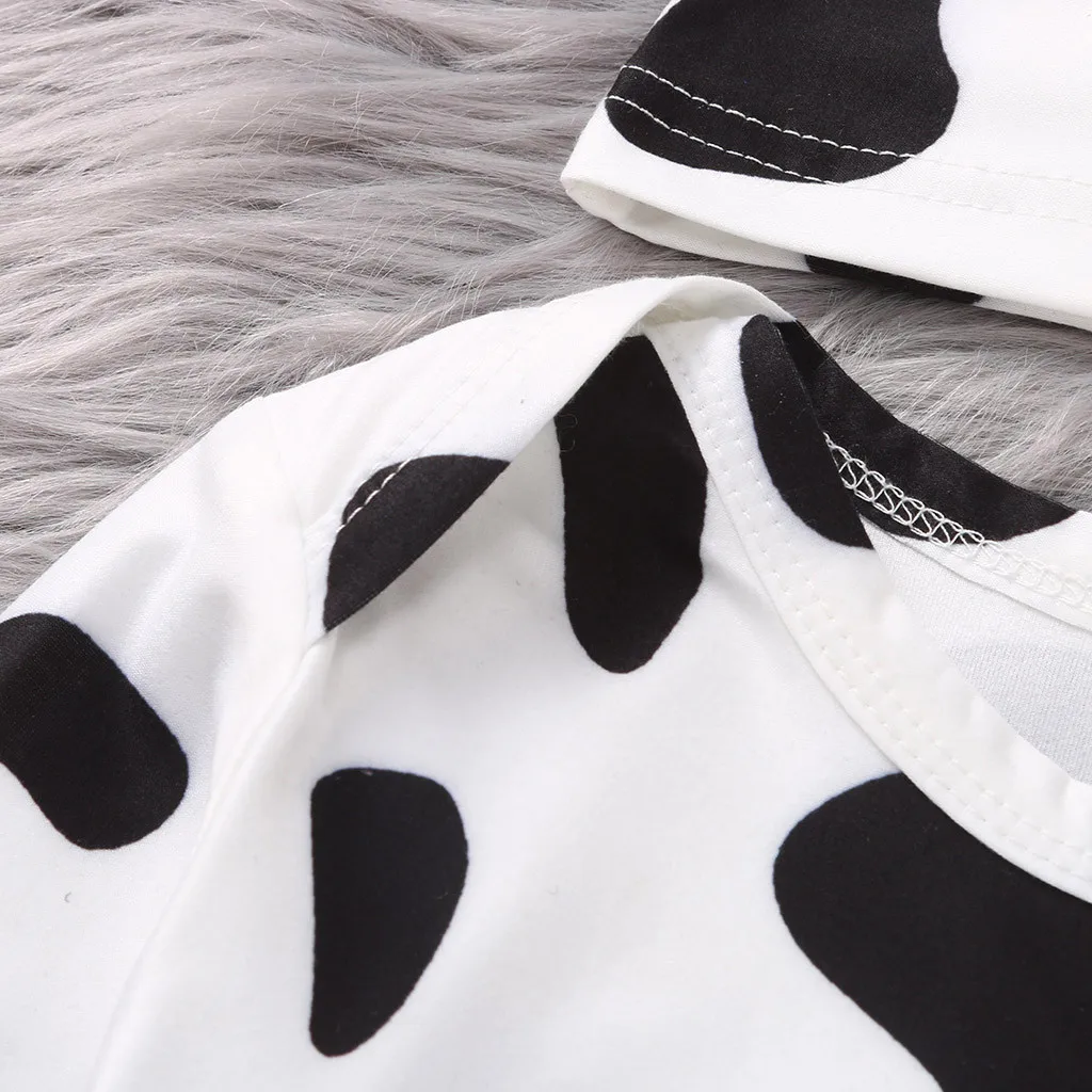 New Baby Bodysuit+cap Infant Baby Girls Boys Cute Blotch Cow Printed Long Sleeve Bodysuit Cartoon Ear Hats Boys Girls Clothes