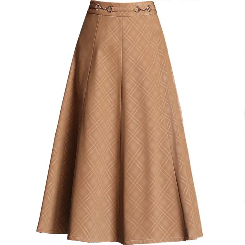 

Plaid pu leather skirt women's long A-line skirt swing umbrella skirt women