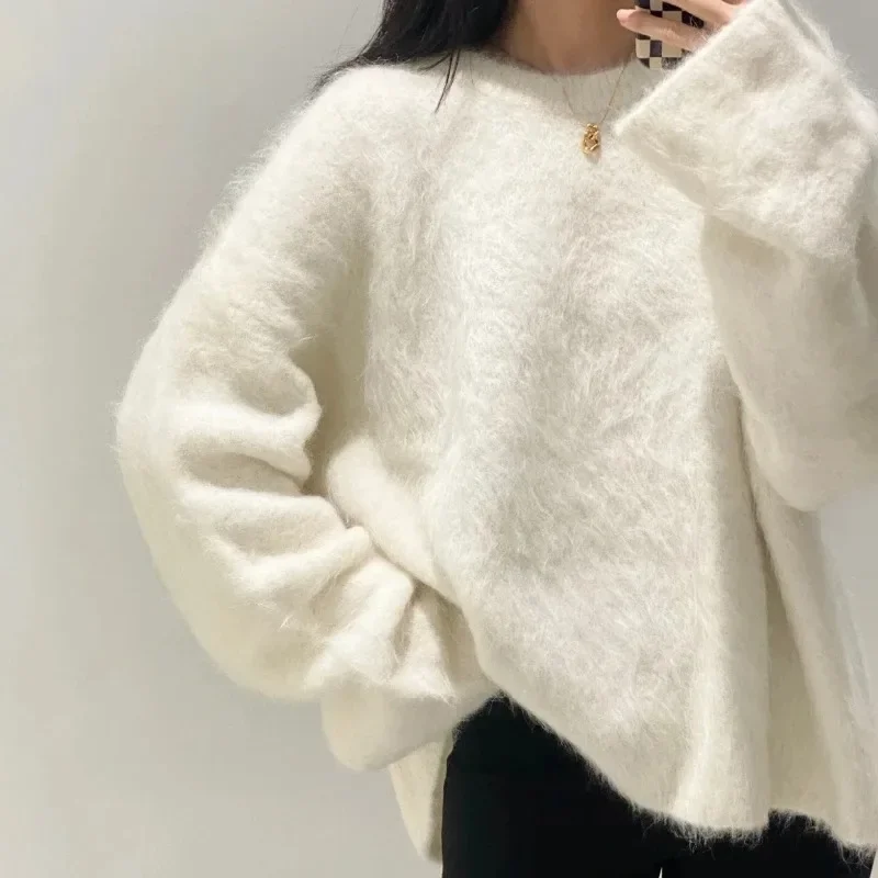 TT@ Women\'s New Fall and Winter Sweater Alpaca Wool Blend Loose Casual Round Neck Long-sleeved Knit Sweater Sweater Jumper