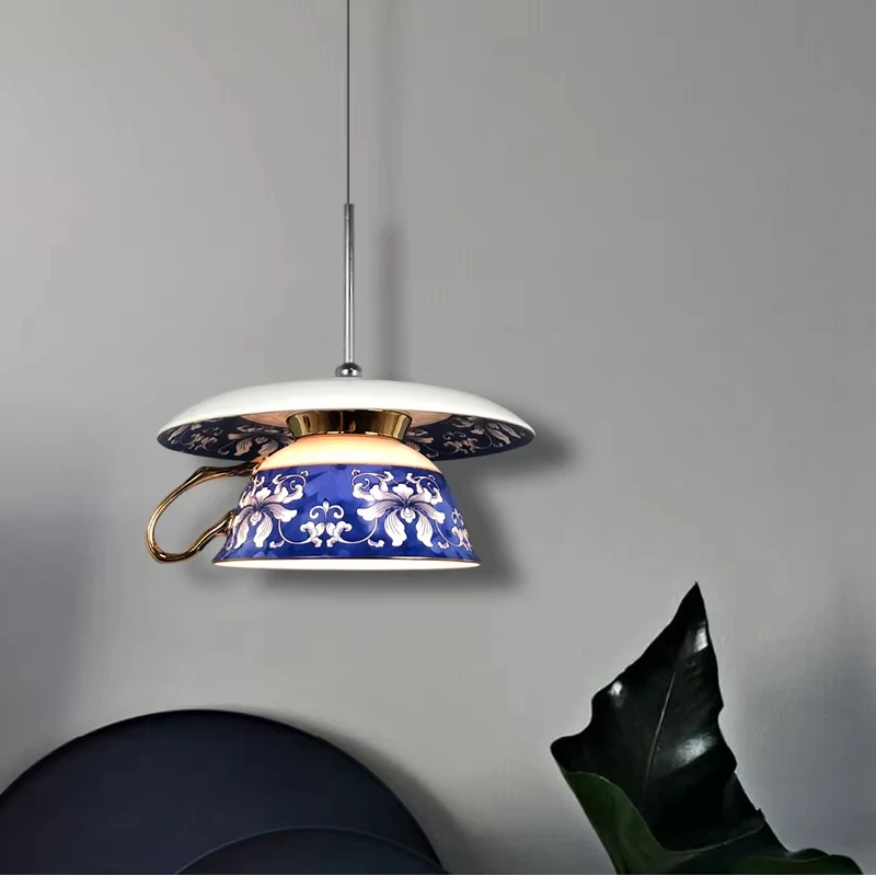 

Lampes suspendues de tasse de fleur bleue de style chinois, salle à manger, lampe de face, cuisine, luminaires d'intérieur, déco
