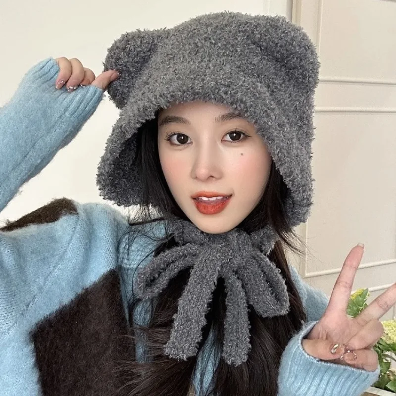 

Ear Protection Cap Cute Bear Hat Women Autumn Winter New Matching Warm Woolen Caps Grey Windproof Knitted Hats Hot