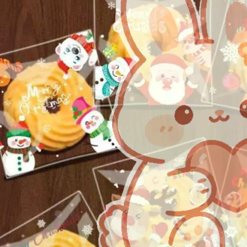 Christmas Cookie Bags 100Pcs Transparent Cartoon Santa Tree Patterns for Holiday Baking Packaging Party Gift Giving