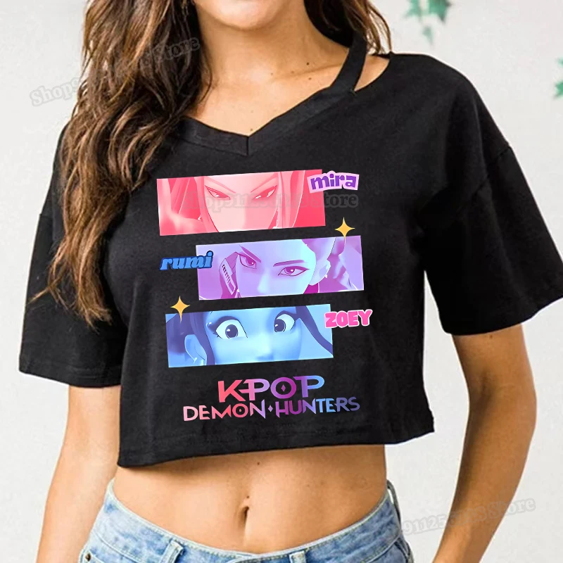 

Cartoon Anime Kpop Demon Hunter Print Crop T-shirt for Women Huntrix Saja Boys Derpy Tiger Tops Rumi Zoey Mira Fashion Clothes