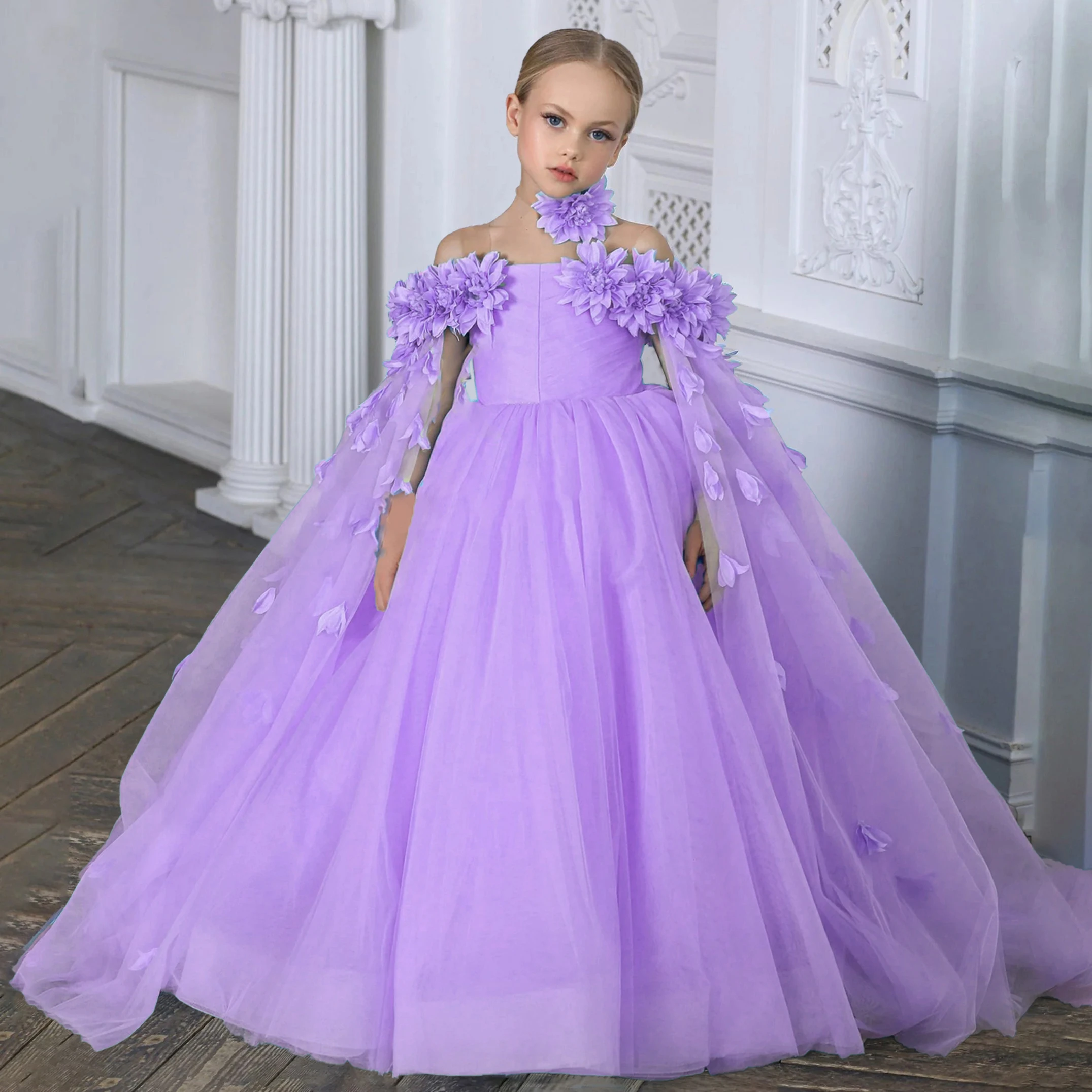 Fashion Blue Flower Girl Dresses For Wedding and Party Floral Tulle Off Shoulder Kids Birthday First Communion Dresses Ball Gown