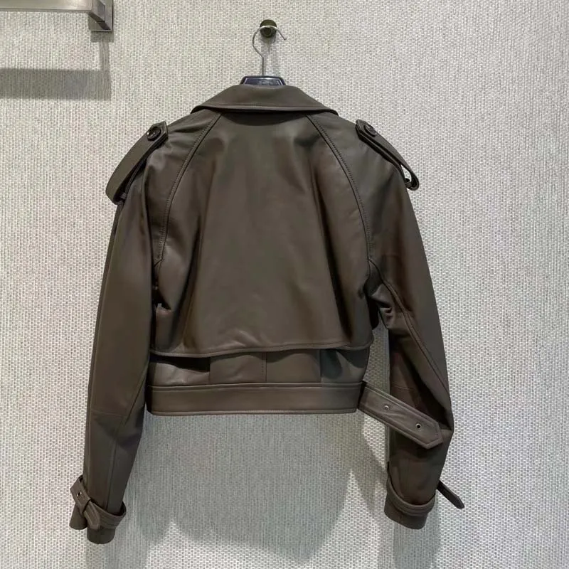 Veste courte en cuir véritable pour femme, vêtements à col rabattu avec ceinture, manteau de printemps et d'automne, mode de luxe, nouveau, 2023