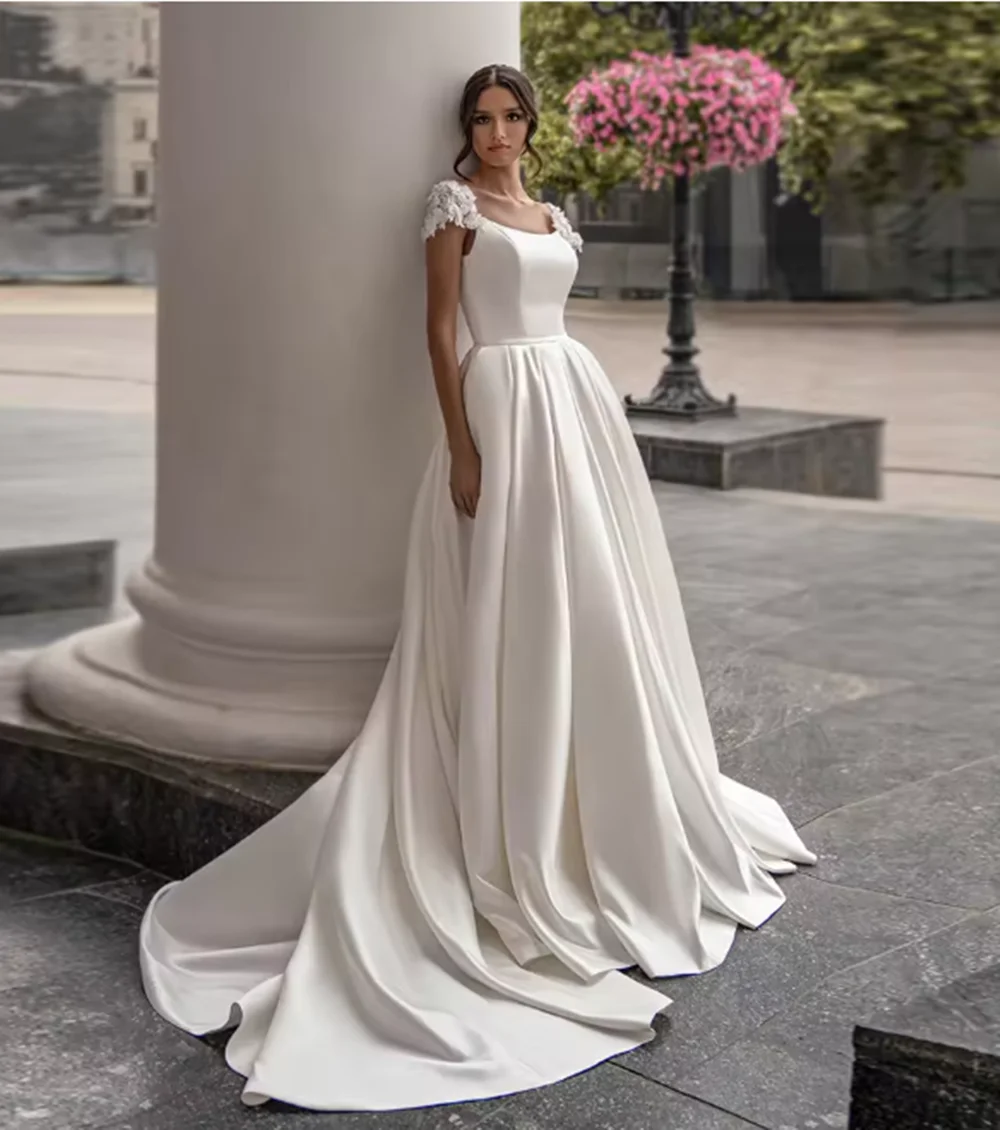 Lindo vestido de casamento de cetim para mulher vestidos de noiva personalizado manga boné flores tribunal trem uma linha vestido de noiva robe de mariee