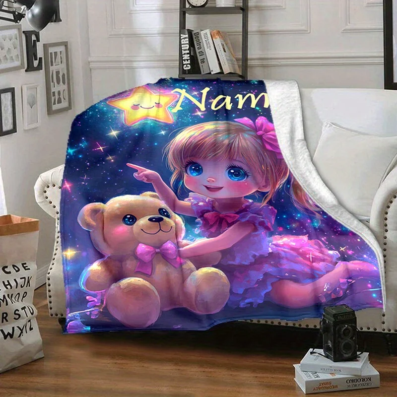 Manta polar con nombre personalizado para niña y osito de peluche, adecuada para sofá, cama, cumpleaños, niños, amigos, regalos