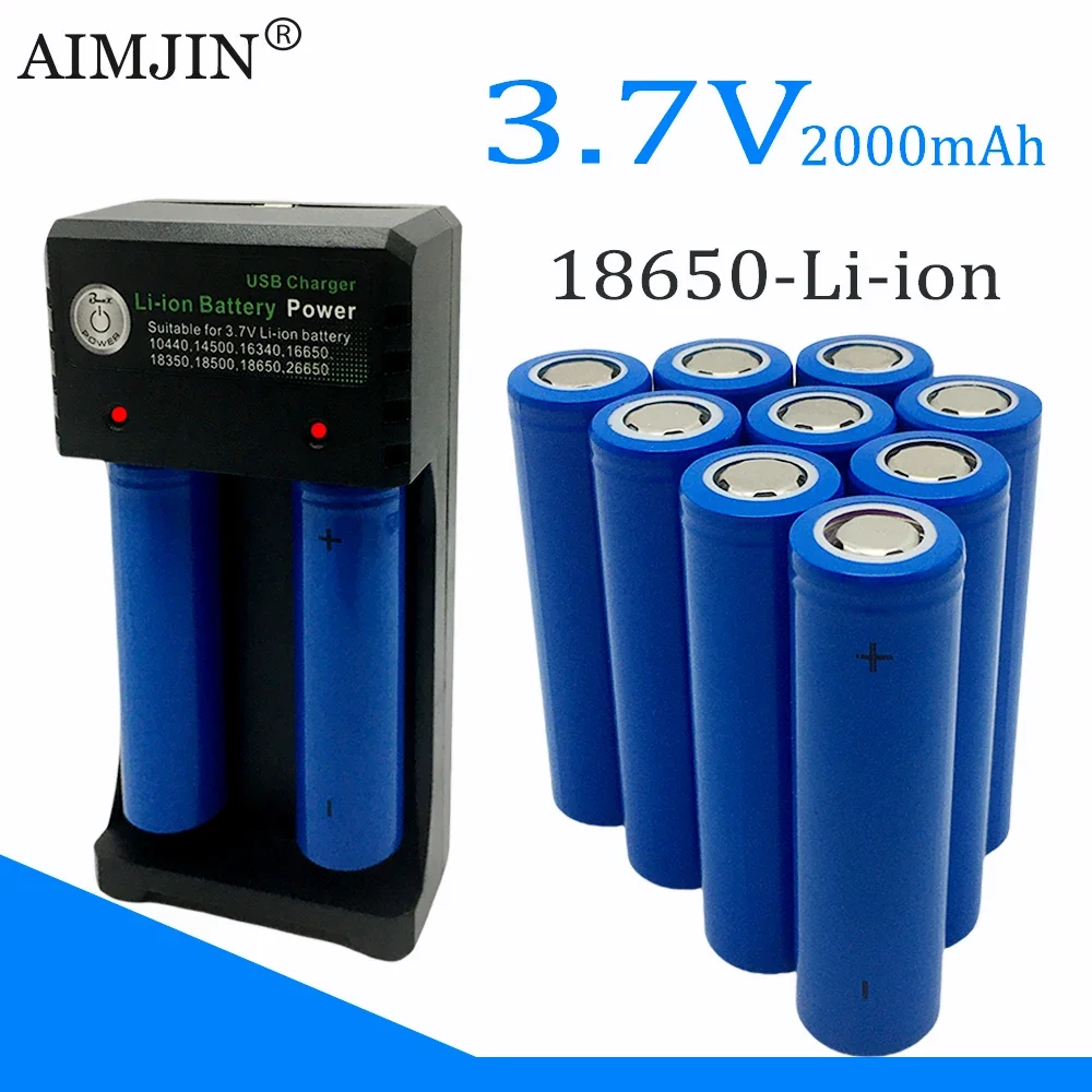 18650 High Quality  3.7V 2000mAh Rechargeable Li-ion Battery For Our 18650 Toys, Tools, 9 LED mini flashlight etc+USB charger