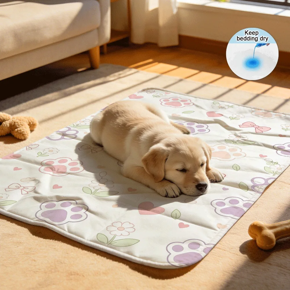 Tapetes Absorventes Reutilizáveis para Animais de Estimação com Estampa Floral Estilo Doce e Motivos de Patas de Gato, com Barreira Impermeável
