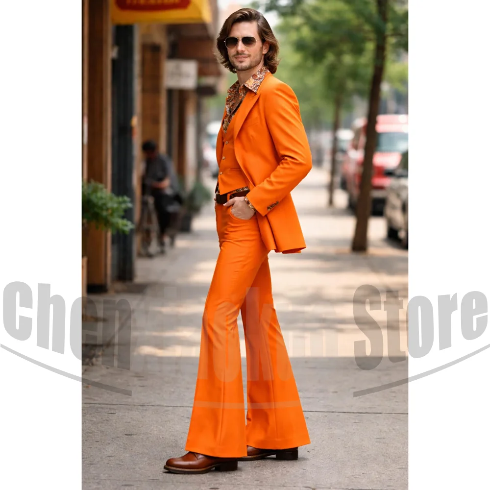 Orange Men 70s Disco Suit 3 Piece Set Blazer Vest with Flare Pants Slim Fit Retro Costume For Party Prom Halloween Cosplay - view 3