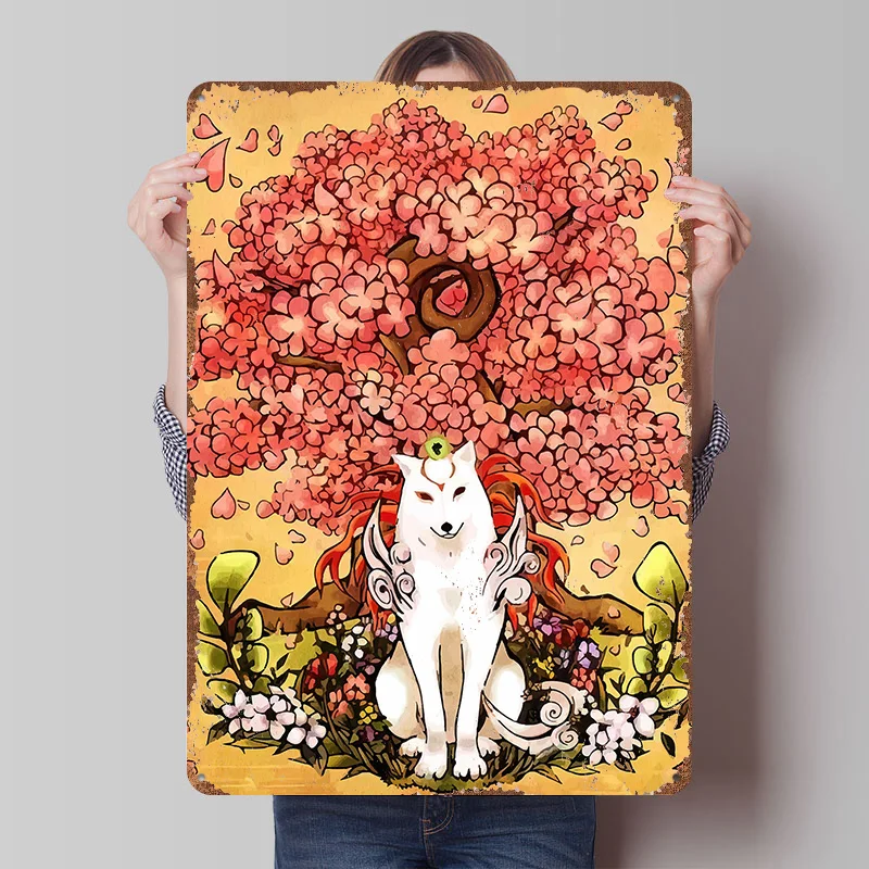 Okami Amaterasu unter Kirschblütenbaum, Blechplakette, Poster, individuelle Wandkunst, Retro-Vintage-Metallschilder für die Raumdekoration