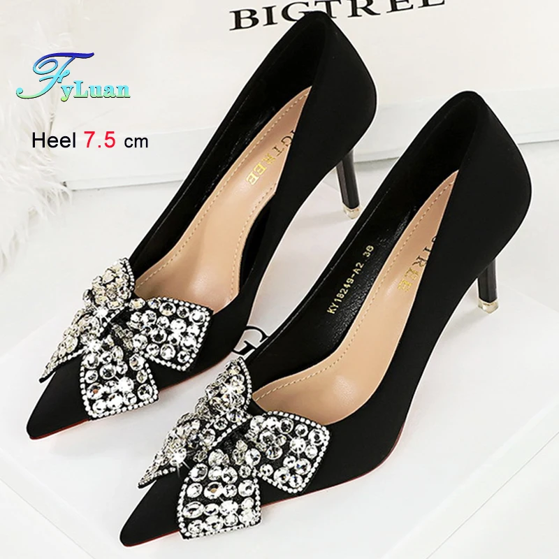 

New Black Butterfly-Knot Heels 7.5cm Women's Shoes Shallow Mouth Lady Pumps Silk Satin Pointed Rhinestone Stiletto Banquet Shoes