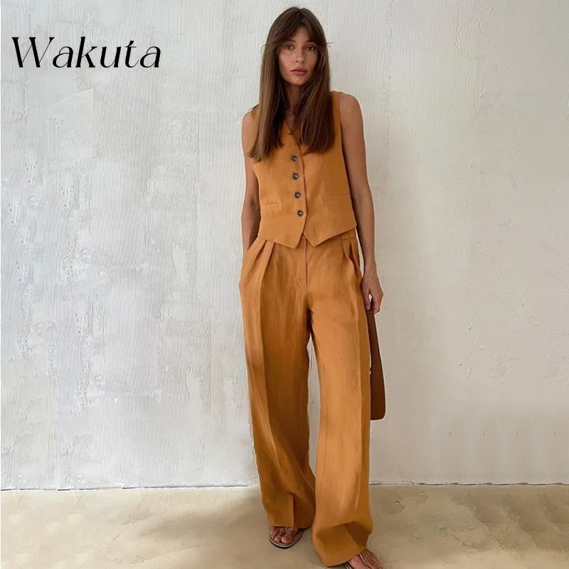 

WAKUTA Fashion V-neck Sleeveless Solid Slim Vest 2024 Autumn Slim Suit Type Pants Versatile Pant Sets Ensemble Femme 2 Pièces