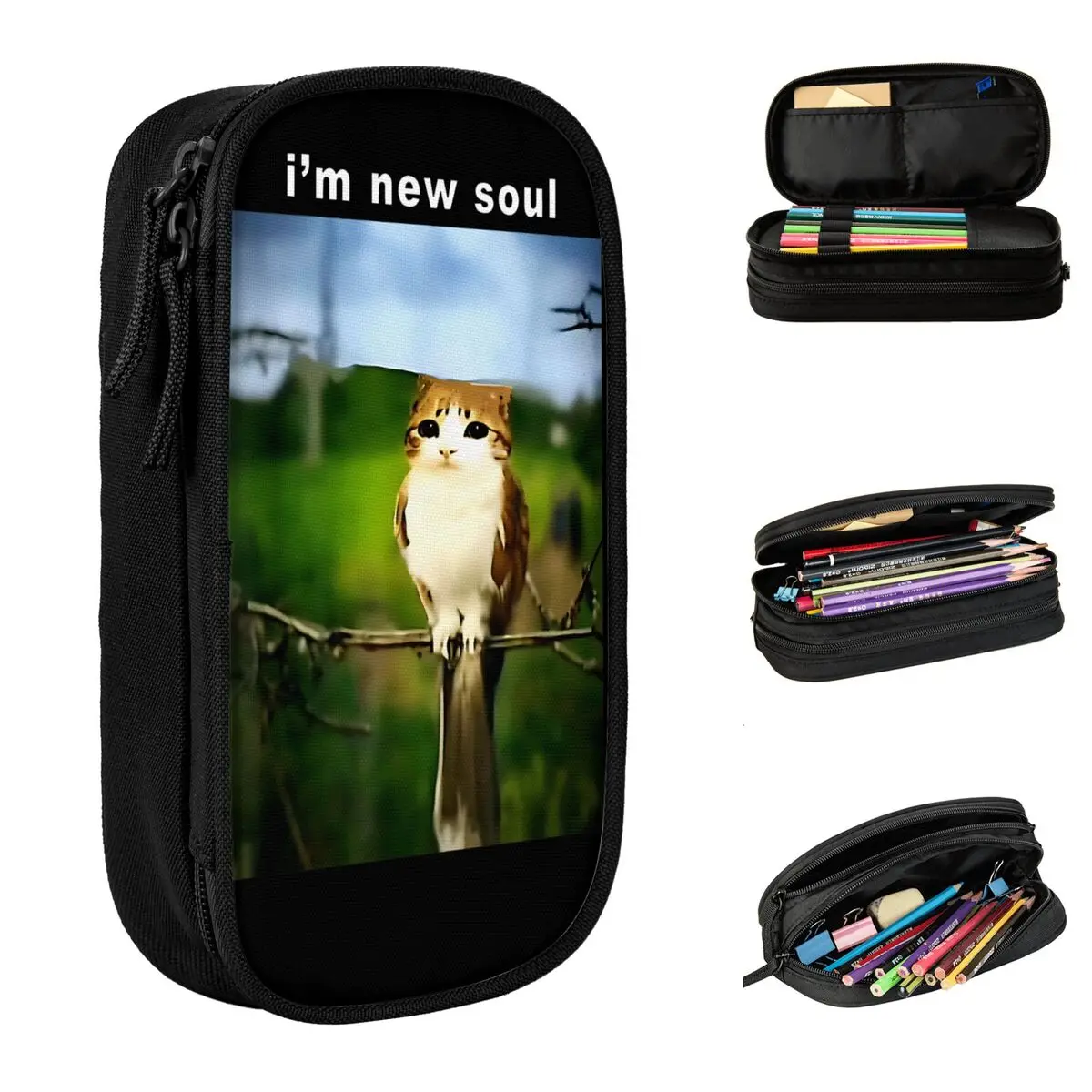 

I'm New Soul Meowl Meme Pencil Case Lovely Pen Bag for Student Large Storage Students School Gift Pencilcases