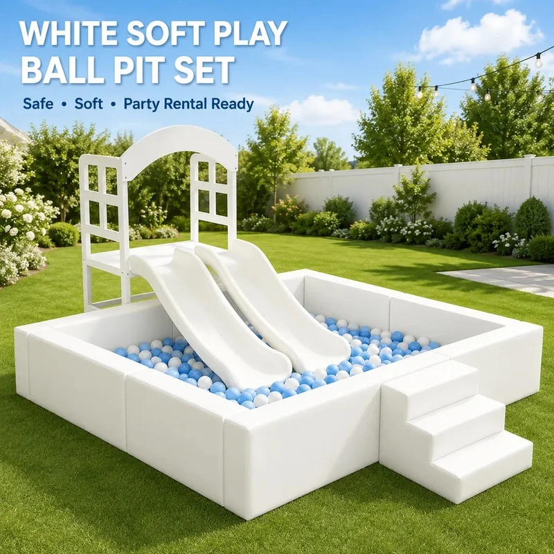 Nanpak 4ft 5ft 7ft 9ft White Soft Play Ball Pits Equipment with Slide Pool Balls Indoor Outdoor Kid Play Party Games Playground