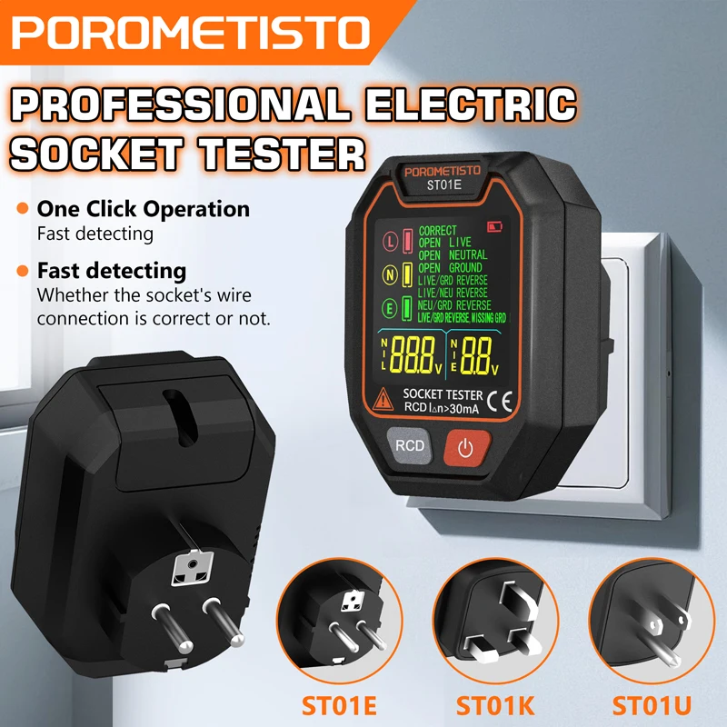 POROMETISTO ST01 Socket Tester Pro Spanningstest 30mA Socket Detector US/UK/EU Plug Ground Zero Line Plug Polariteit Fase Checker