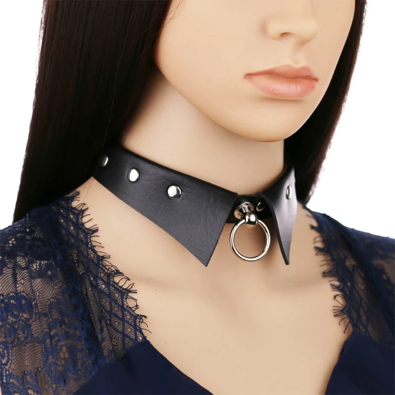 K5DE Imitatie Leer Faux Revers Choker Kraag Gothic Punk O-Ring Bezaaid Ketting