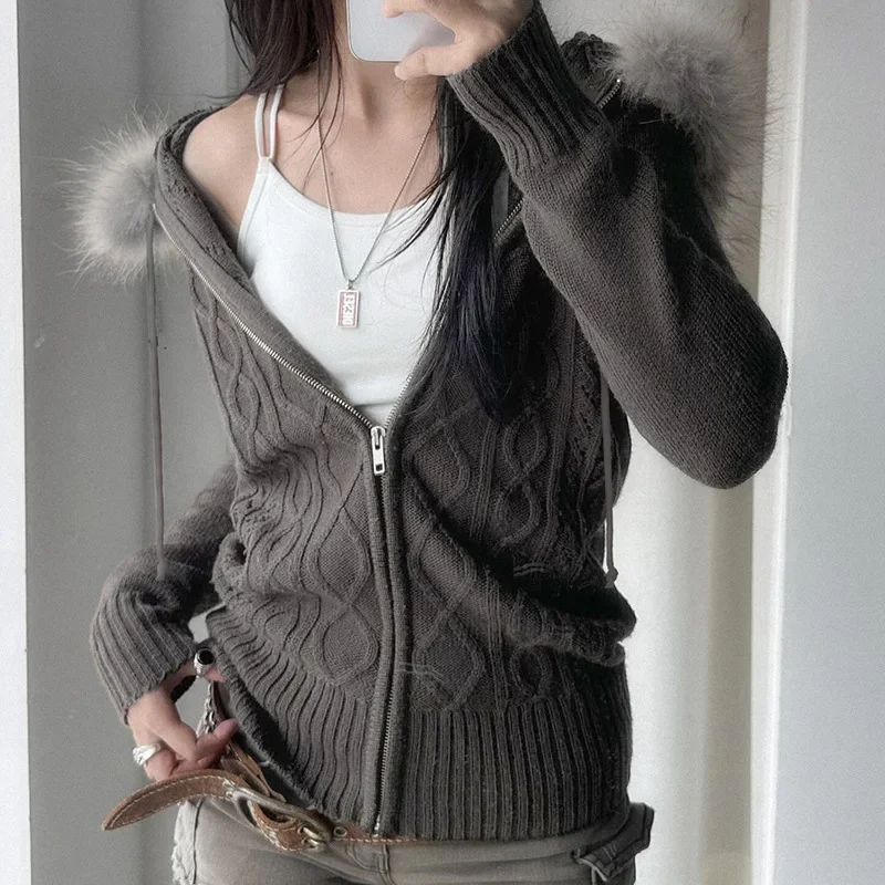 Autumn Winter Zip Up Hoodie Korean Fashion Furry Hooded Knitwear Hoodies Y2k Streetwear Full Sleeve Sweatshirts Goth Jacket Coat
