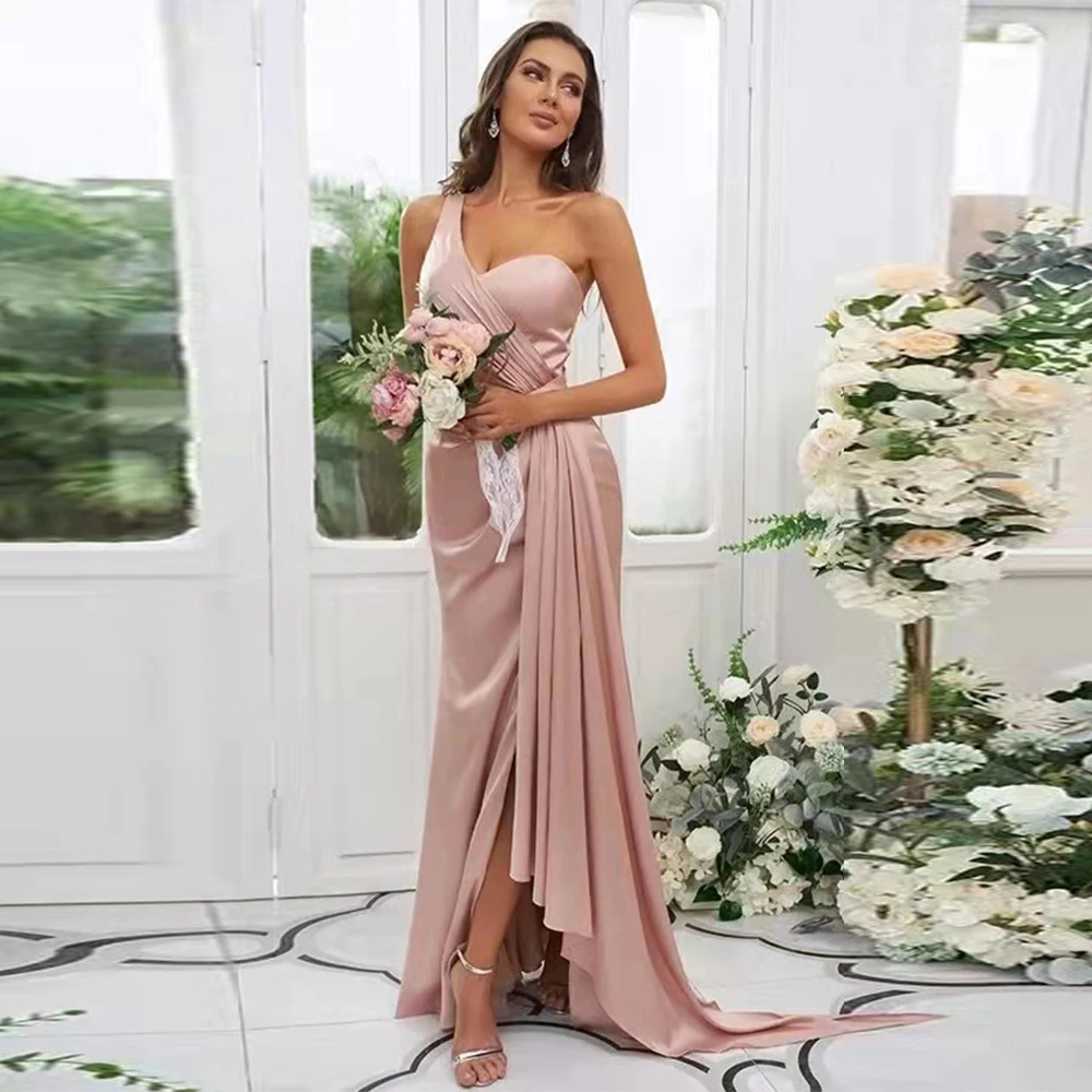 

One Shoulder HI-Lo Bridesmaid Dresses Long Mermaid Formal Evening Dresses Soft Satin Side Split Wedding Guest Dresses for Women