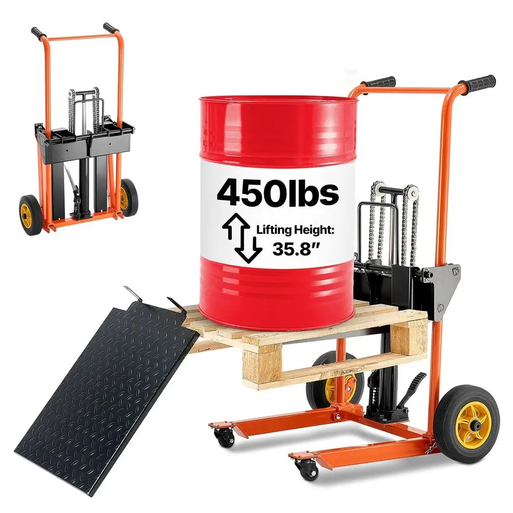 

Foldable Winch Stacker 450 lbs, 35.8 Max Lifting Height, 9 Thick Rubber Wheels, 2 Swivel Front Wheels, Removable Steel Platform