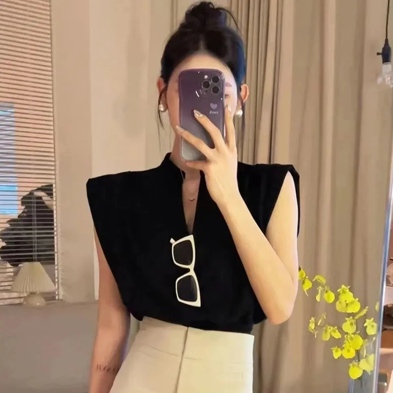 White Elegant V Neck Blouses Women Korean Chic Folds Sleeveless Shirts Fashion Office Lady Casual All Match Crop Tops New