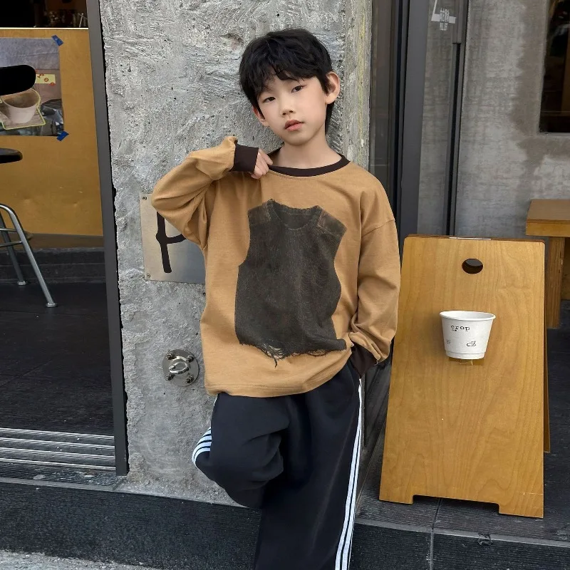 

Children's Spring and Autumn T-shirt Pure Cotton Comfortable Top 2026 New Boys Crew Neck Printed Long-sleeved Bottoming Shirt