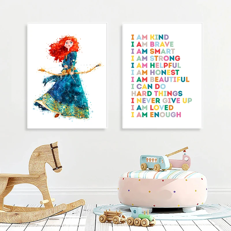 Princess Merida Print The Brave Poster Girl Birthday Gift Watercolor Nursery Wall Art Canvas Painting Pictures Kids Room Decor