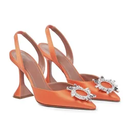 2022 New crystal buckle rhinestone high-heeled sandals with pointed toe sandals for ladies wedding shoes yellow green orange