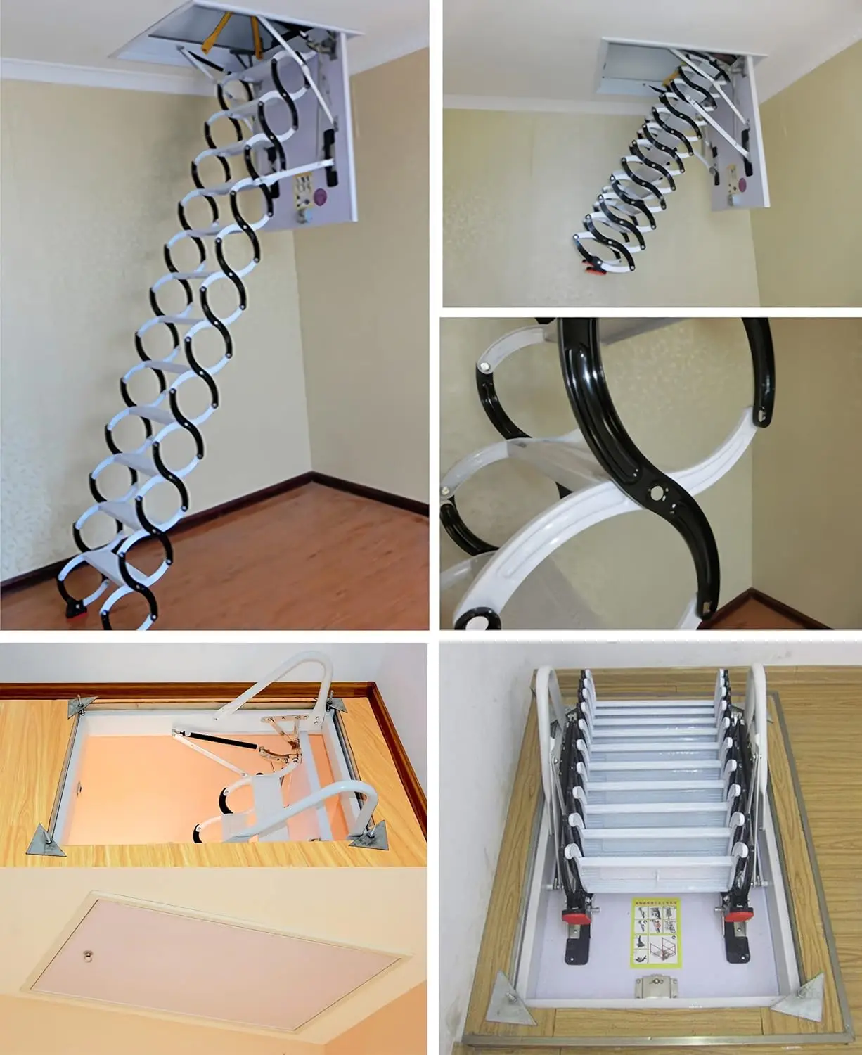 سلم سقف علوي قابل للسحب - سلالم علوية قابلة للطي باللون الأسود، أقصى ارتفاع 10 أقدام، سعة تحميل 600 رطل، سحب للأسفل