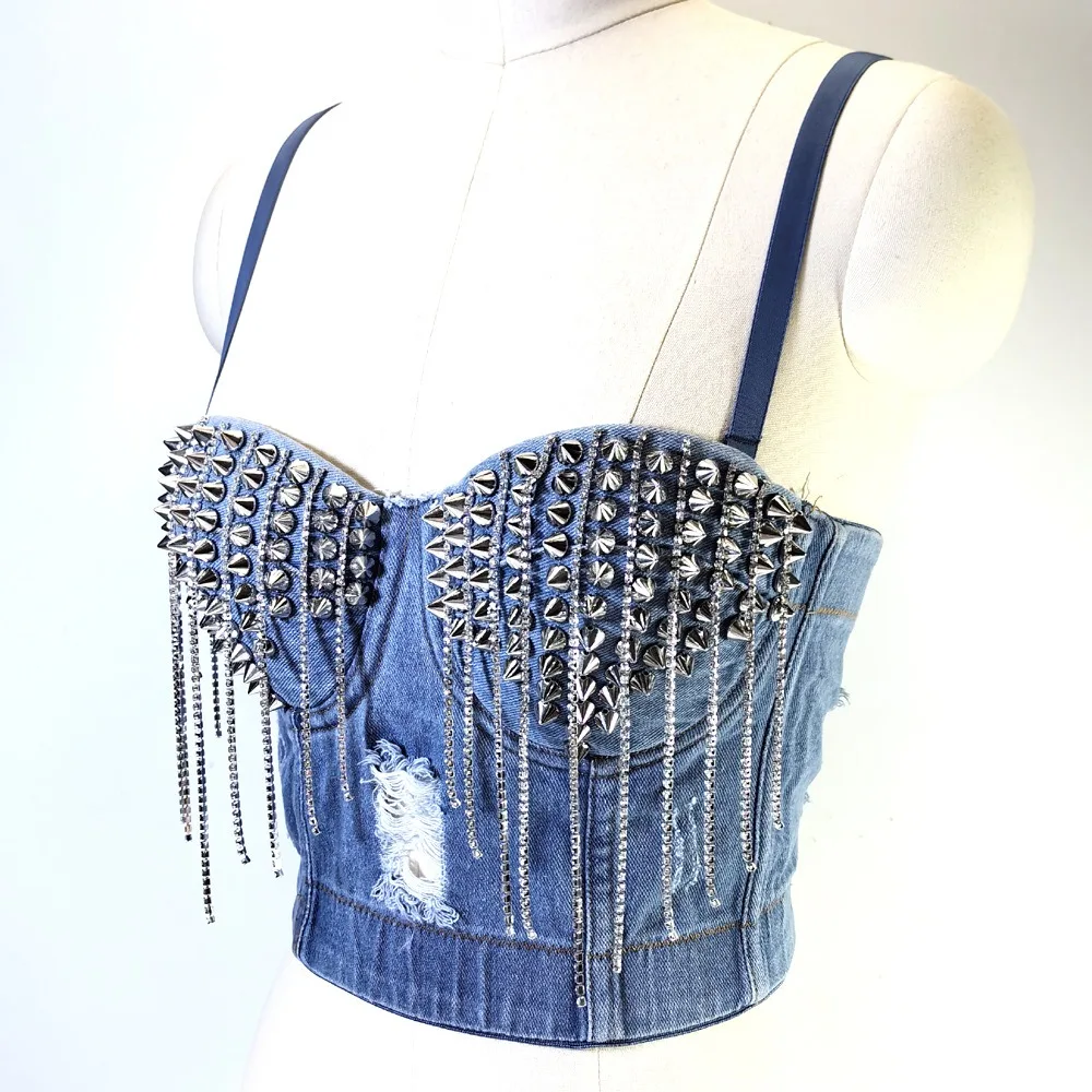 SXTHAENOO Summer Blue Denim Willow Tassels Women Sexy Short Corset Bustier Night Club Party Fashion Crop Tops Bra Pad Tube Tanks