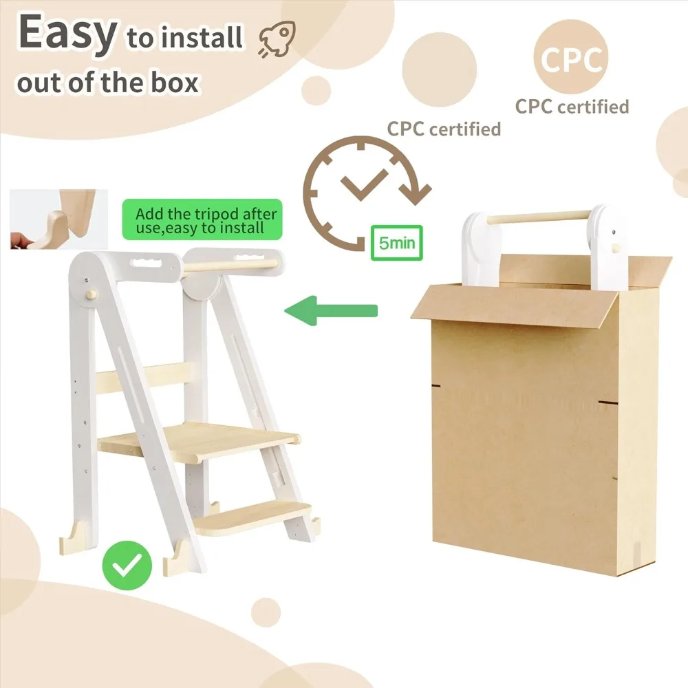 子供用キッチン踏み台、折りたたみ式幼児用タワー、高さ調節可能な幼児用立ちタワー、安全レールと滑り止め装置付き