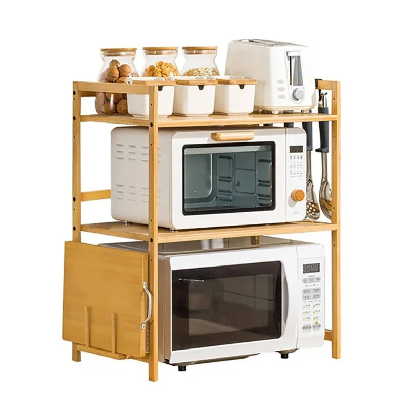 

Multifunctional Microwave Shelf Storage Rack Kitchen Wooden Rack Bamboo Microwave Rack with 4 Hooks